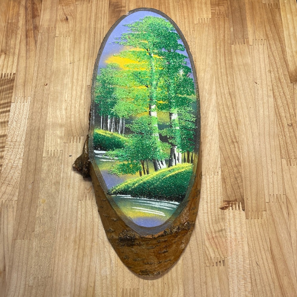 Sand Art Forest Landscape on Live Edge MCM Cabin Wood Slab Birch Trees 15 Inch